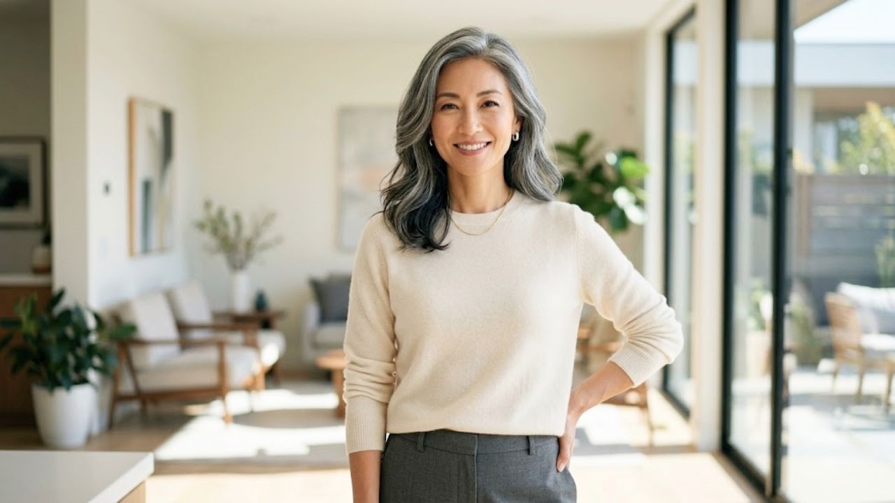白髪を活かしたツヤのある美しいヘアスタイル（白髪ぼかし）で、自信に満ちた笑顔を見せるスタイリッシュな女性