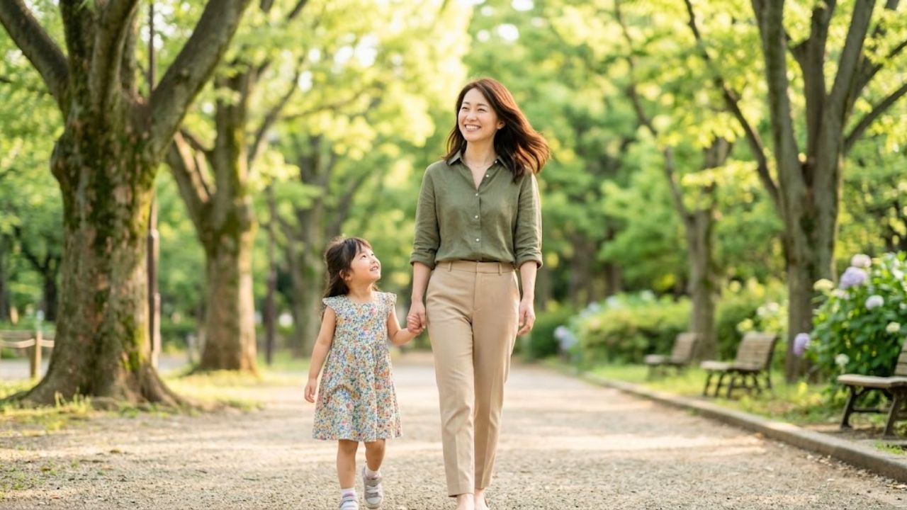 髪（白髪）の悩みが軽くなり、自信に満ちた笑顔で子どもと一緒にお出かけを楽しむママ