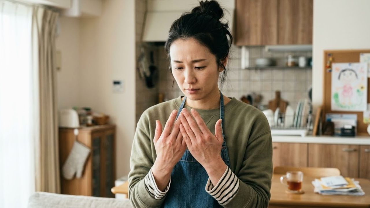 ふとした瞬間に自分の手の甲を見つめ、乾燥やシワなどの老け見えに少しショックを受け、悲しそうな表情を浮かべている3ママのリアルな日常カット。