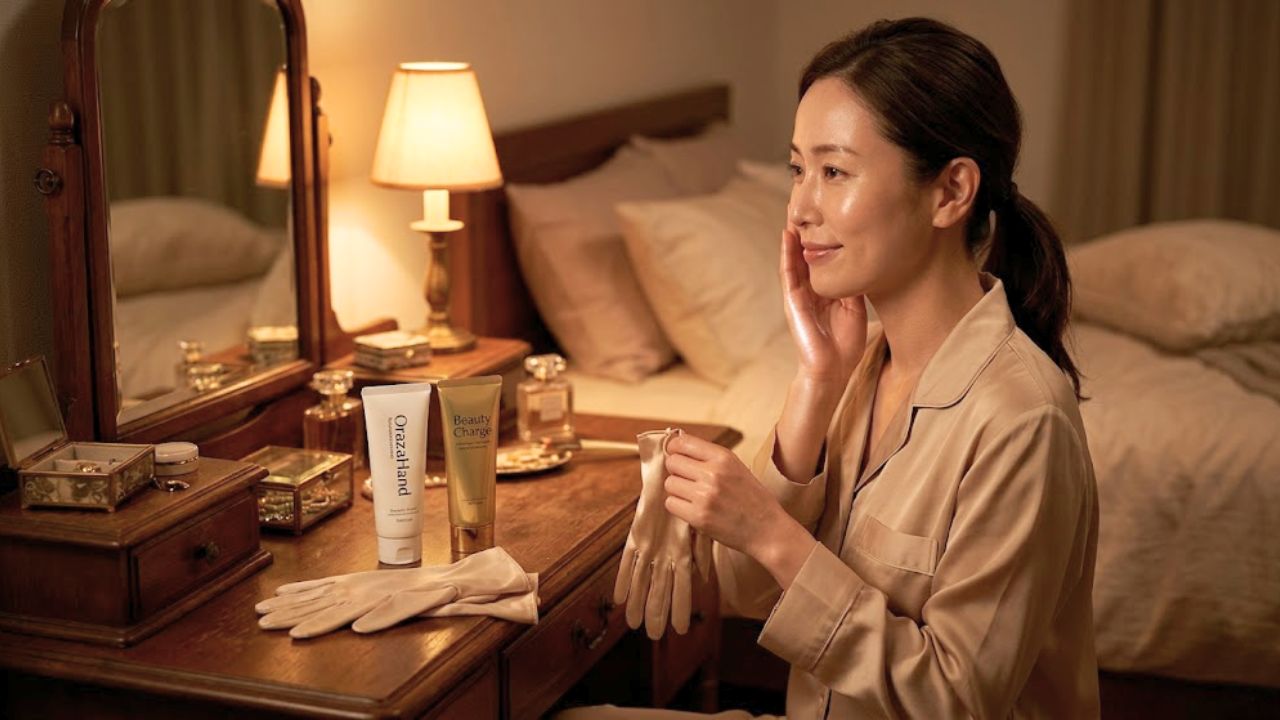 就寝前にドレッサーで、シルクの手袋を着用しようとし、輝く潤い手肌を見つめている女性。