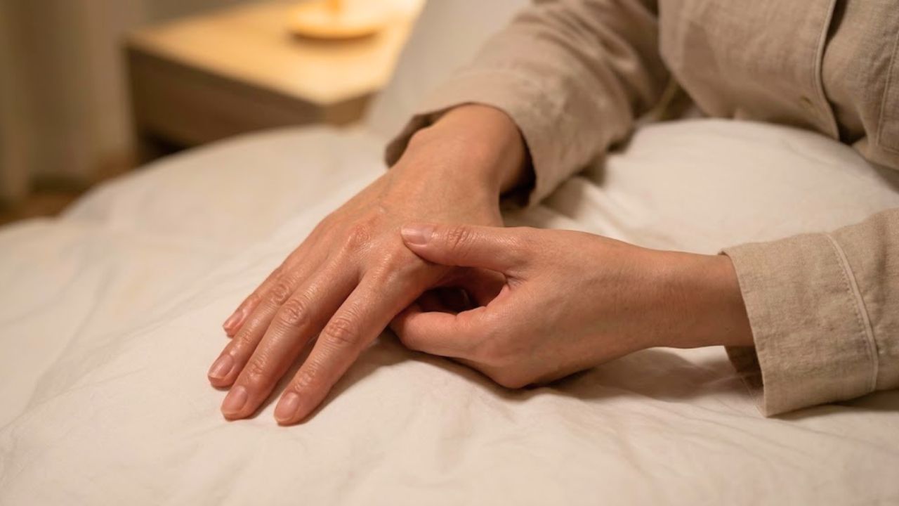 就寝前のベッドで女性が片方の手の指をもう片方の手の親指で優しくマッサージし、血行を促進している様子。布団の上でリラックスした手元。