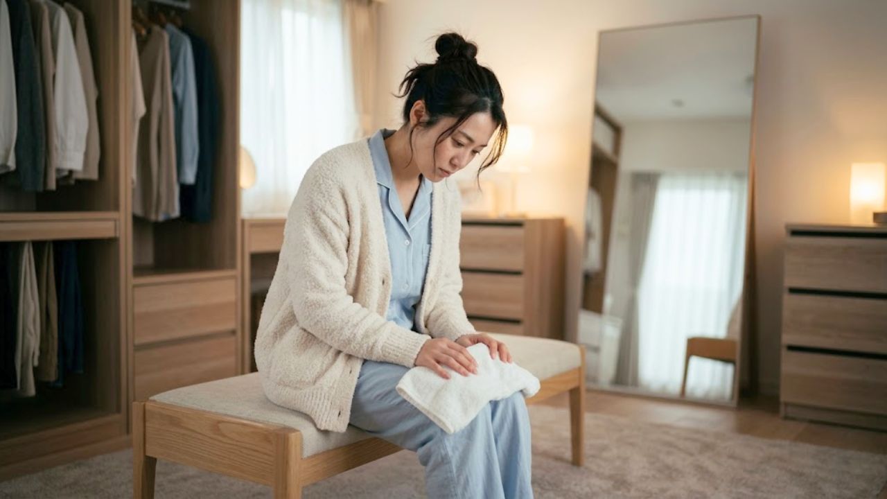 着替えの際やバスタイムの後に、ふと自分のデリケートな体の変化やコンプレックスに気づき、うつむいて悩んでいる女性