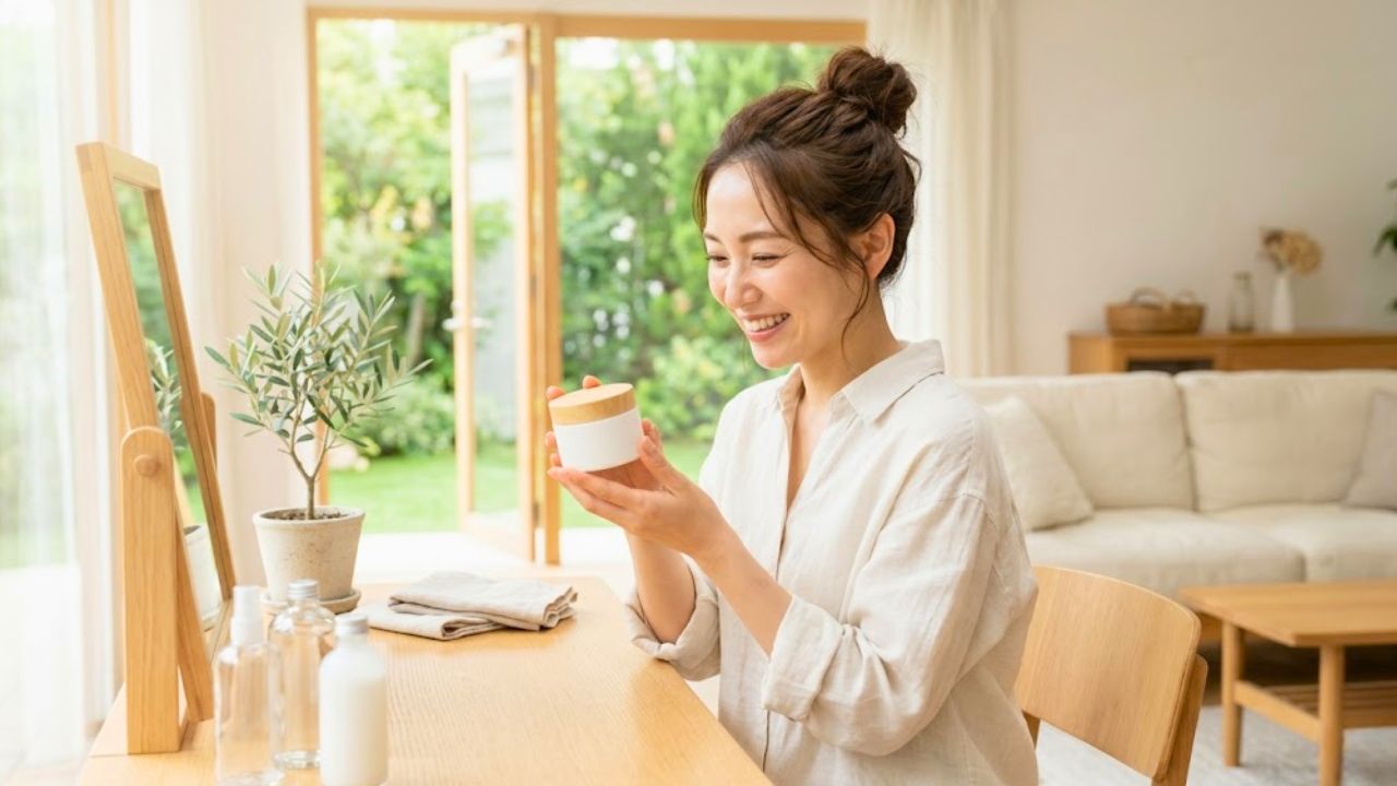 自宅の明るいお部屋で、自分にぴったりのホワイトニングクリームや黒ずみのケアアイテムを前向きな気持ちで選んでいる女性