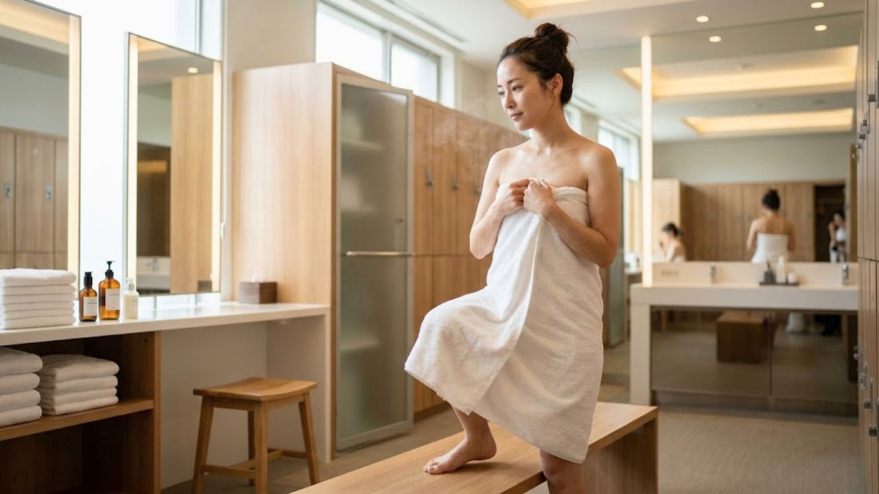 温泉の脱衣所でバスタオルを巻きながら、ふと周囲の視線や自分の肌の状態を意識している女性