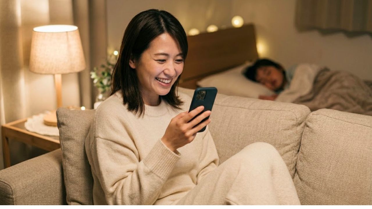 通販（ネットショップ）で大きいサイズのブラジャーを選ぶコツを知り、楽しそうにブラジャーを選んでいるシングルマザー