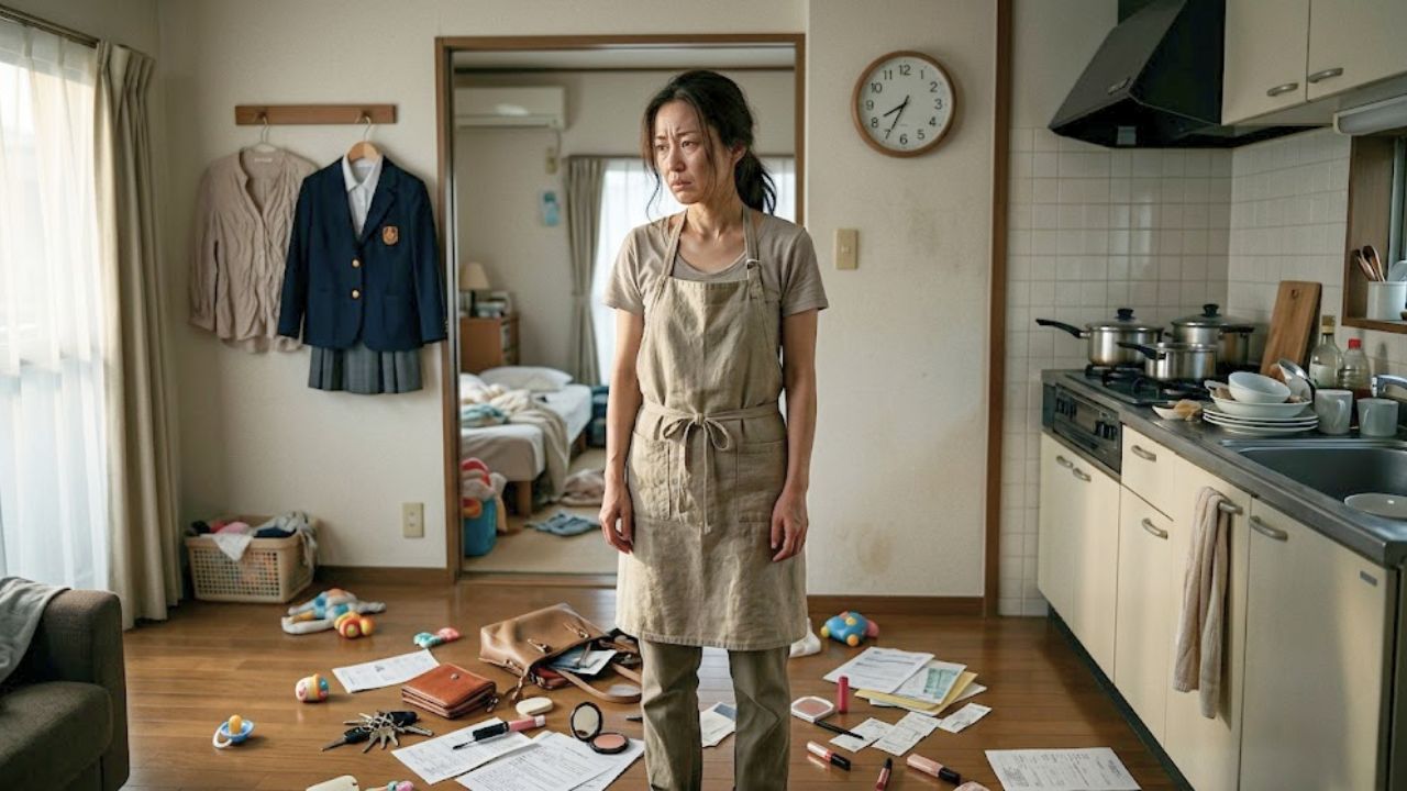 散らかったリビングルームで、焦りと絶望の表情を浮かべて立ち尽くす、髪のボサボサなシングルマザー。床にはのカバンの中身が散乱し、キッチンにはコンロに鍋、シンクには食器が山積みになっている。