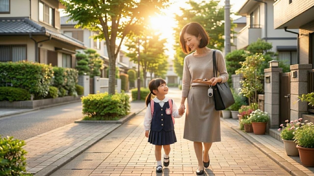 朝の支度がスムーズにいき、余裕を持って出発した笑顔の親子。