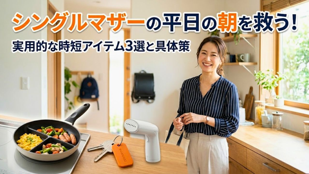 朝の柔らかな光が差し込む部屋で、出発準備を終えてリラックスした笑顔を浮かべる30代のシングルマザー。手前には時短を叶える紛失防止タグ、仕切り付きフライパン、衣類スチーマーが置かれている。「シングルマザーの平日の朝を救う！実用的な時短アイテム3選と具体策」のタイトルテキストがデザインされたアイキャッチ画像。