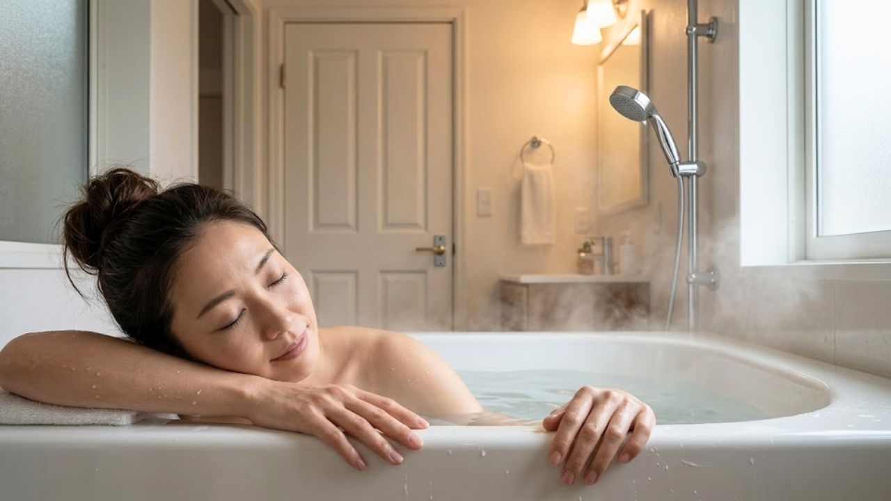 自宅のお風呂で、鍵をかけて一人で湯船に浸かり、心からリラックスして目を閉じているシングルマザーの様子。シャワーフックには日用品に擬態したアイテムが自然に掛かっている。