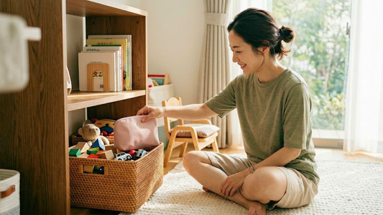 明るいリビングルームで、子どものおもちゃが入った収納バスケットの中に、小さくて目立たないパステルカラーのポーチをそっと隠すシングルマザー。安心した表情を浮かべており、プライバシーとスマートな収納を象徴している。