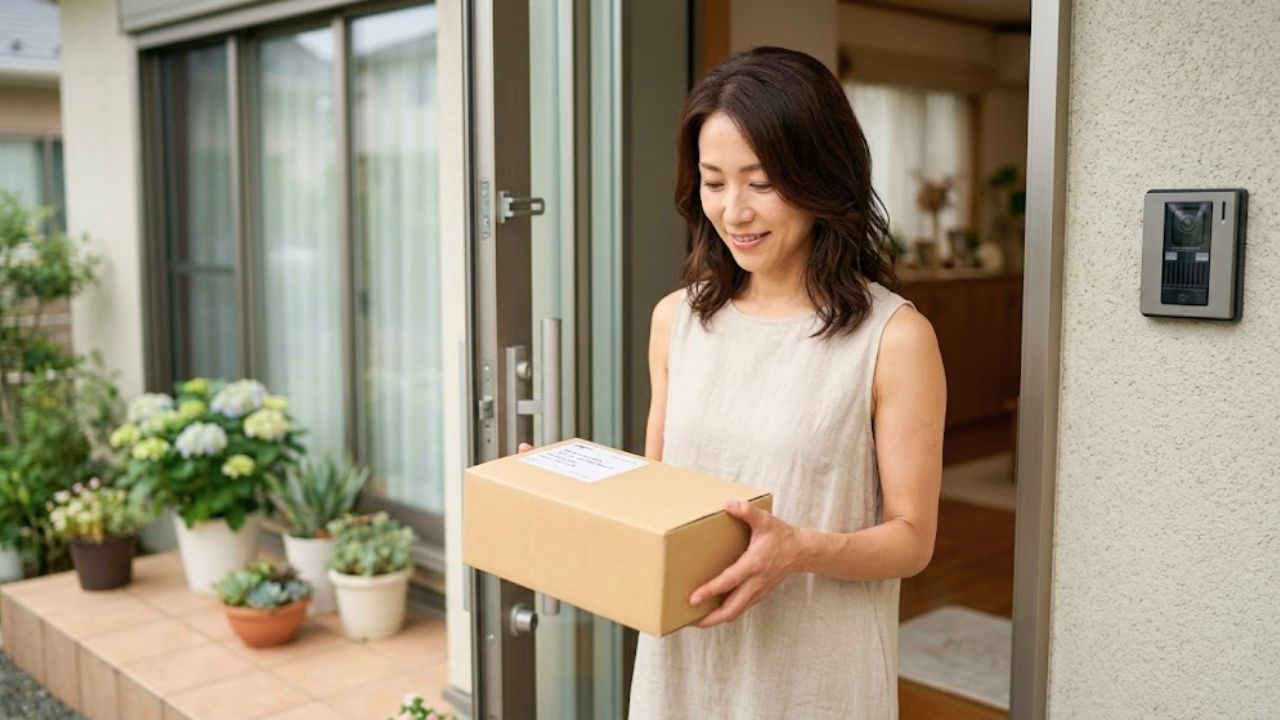 昼下がり、玄関先で、無地の清潔な匿名梱包ダンボールをほっとした表情で両手に抱えるシングルマザー。プレジャーグッズがバレずに届いた瞬間の「安心」を象徴。プライバシーを守る梱包と安全な配送