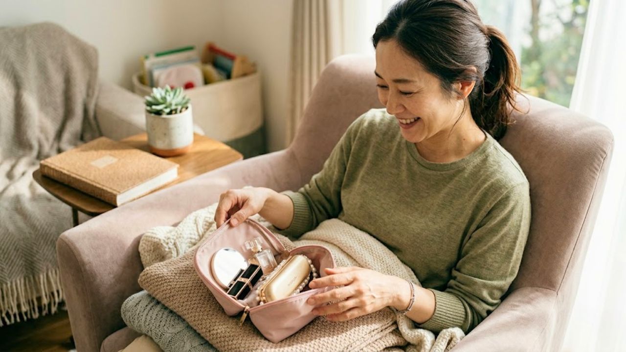 明るく居心地の良いリビングで、穏やかに微笑むシングルマザー。彼女の膝の上にある開いたコスメポーチには、セルフプレジャーグッズが、リップや香水と一緒に自然に収まっている。自分を大切にする肯定感と自信に満ちた、日常のひととき。