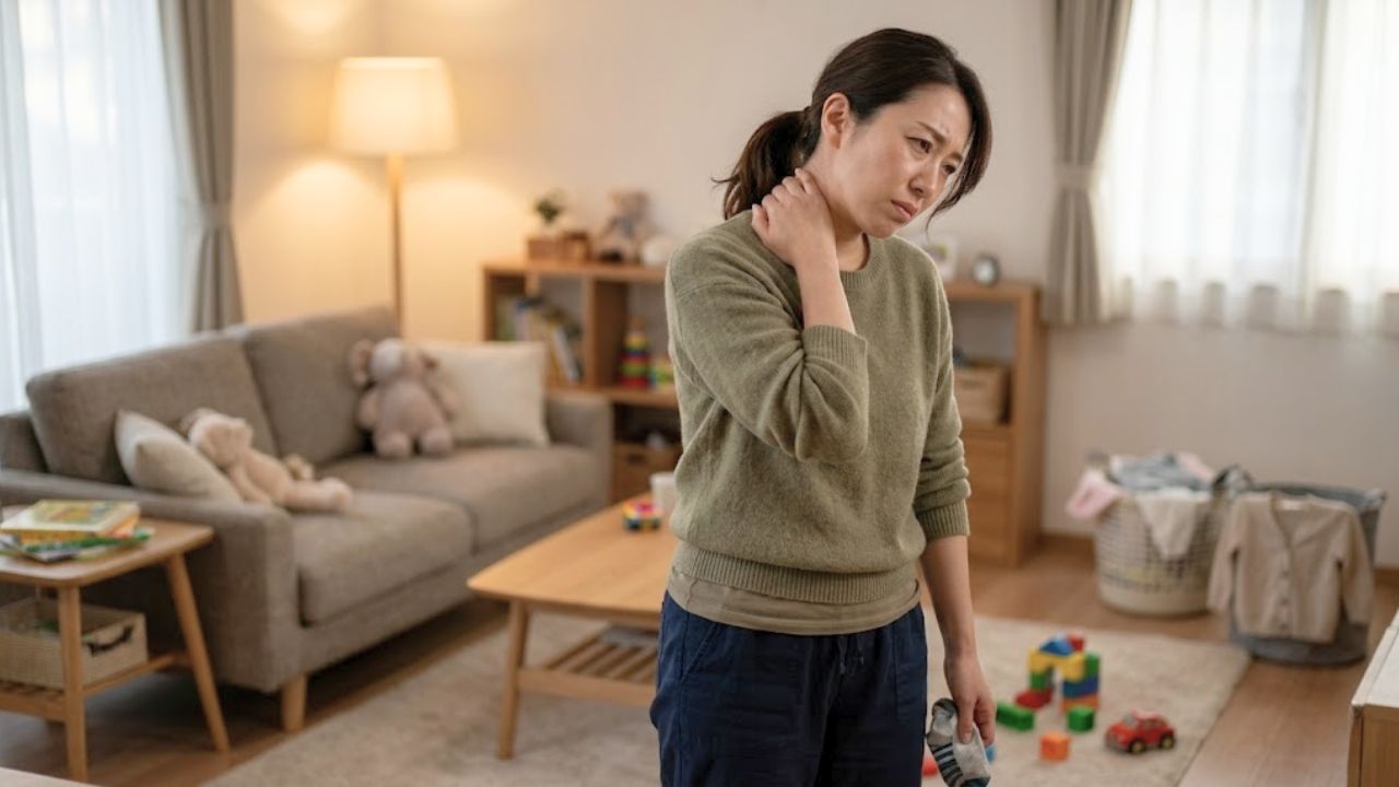 子どものお世話や家事の合間に、ガチガチに凝り固まった肩や首を辛そうに押さえる子育てママ