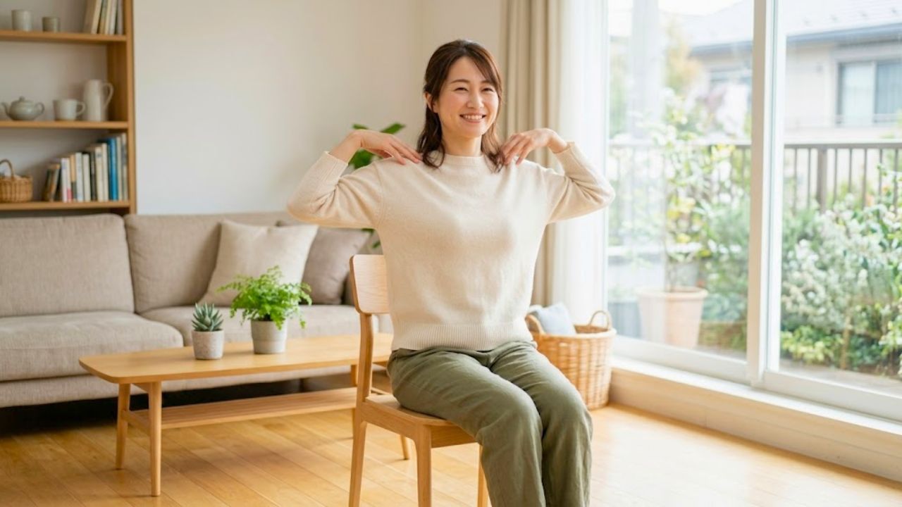 椅子に座り、両手を肩に添えて胸を開きながら肩甲骨のストレッチをしている子育てママ