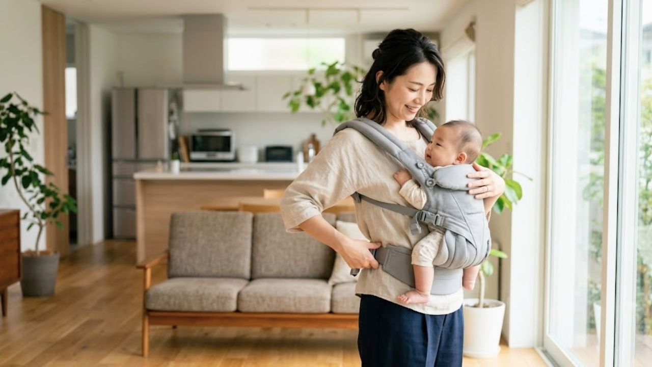 自宅のリビングで、肩への負担を減らすために抱っこ紐の位置を正しく調整している子育てママ