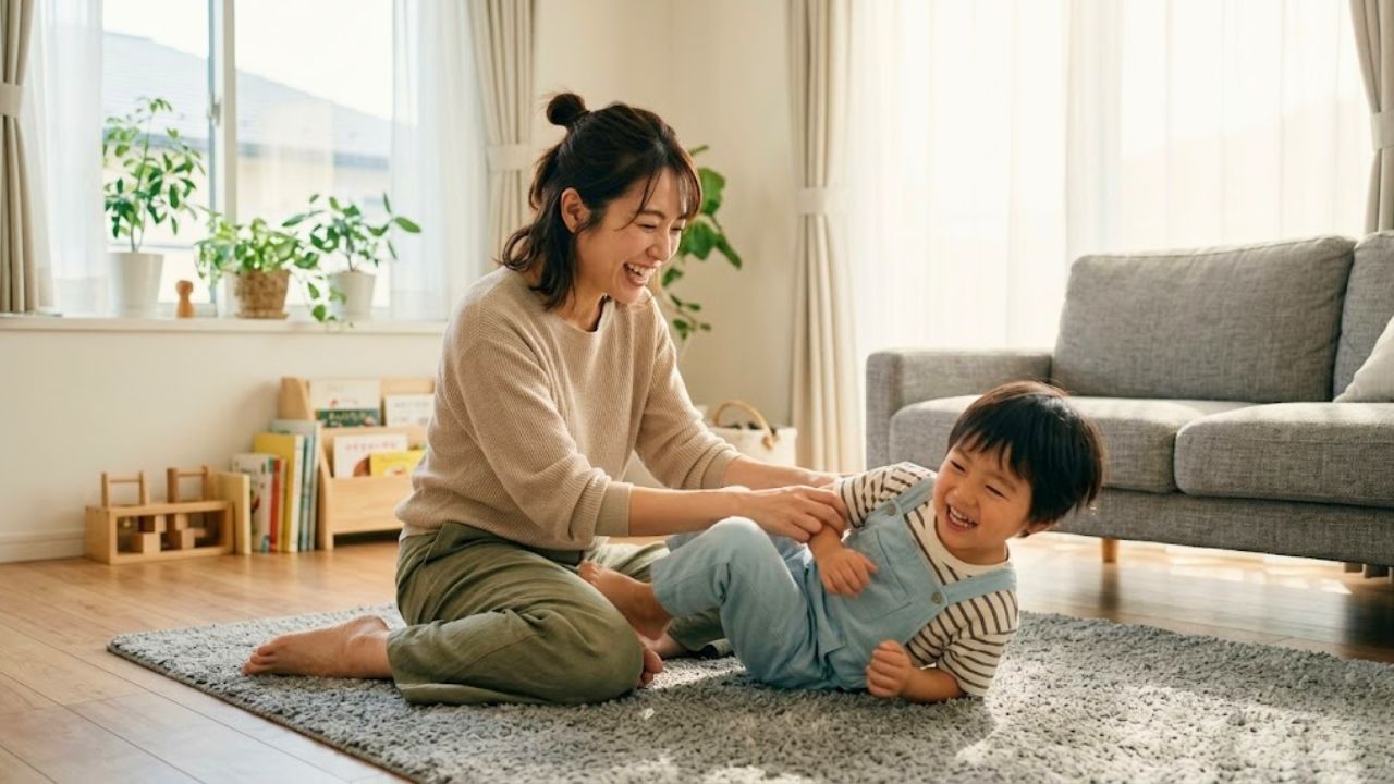 肩こりや日々の疲れが解消し、心身ともに軽い状態で子どもと一緒に笑顔で過ごすお母さん