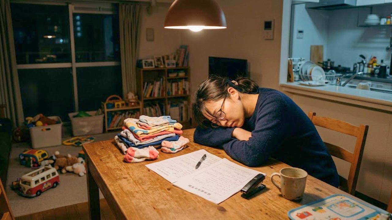 夜遅いリビングのテーブルで、たたみかけの洗濯物や保育園の書類を前に、極度の疲労から力尽きたように居眠りをしてしまうシングルマザー。