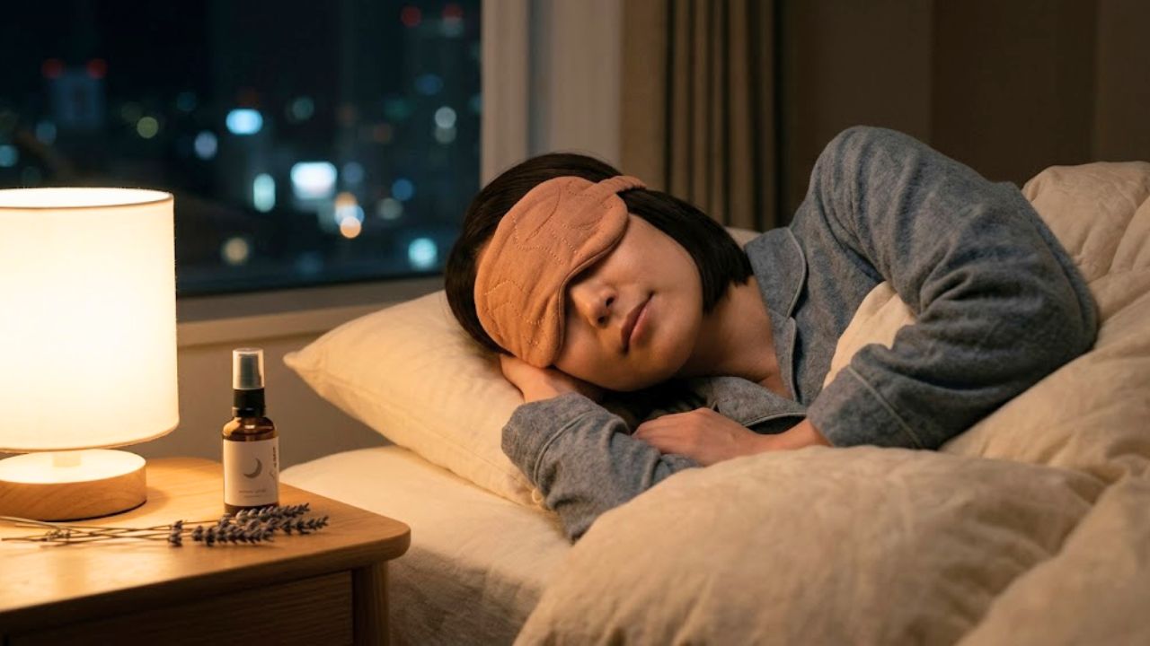 夜の静かな寝室で、朝日が差し込む窓辺、温かみのあるアイマスク(小豆のアイマスク)を着用し、アロマ(アルマリ すやすやアロマ)の香りに包まれながら、心地よいリカバリーウェア(BAKUNE Dry)を着て深く眠るシングルマザー。