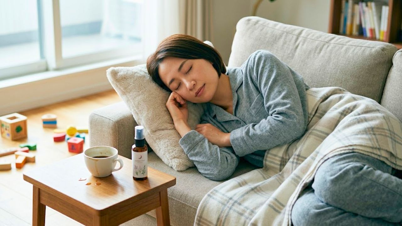自宅のリビングで、ソファに横になり目を閉じてパワーナップ(短時間仮眠)をとるシングルマザー