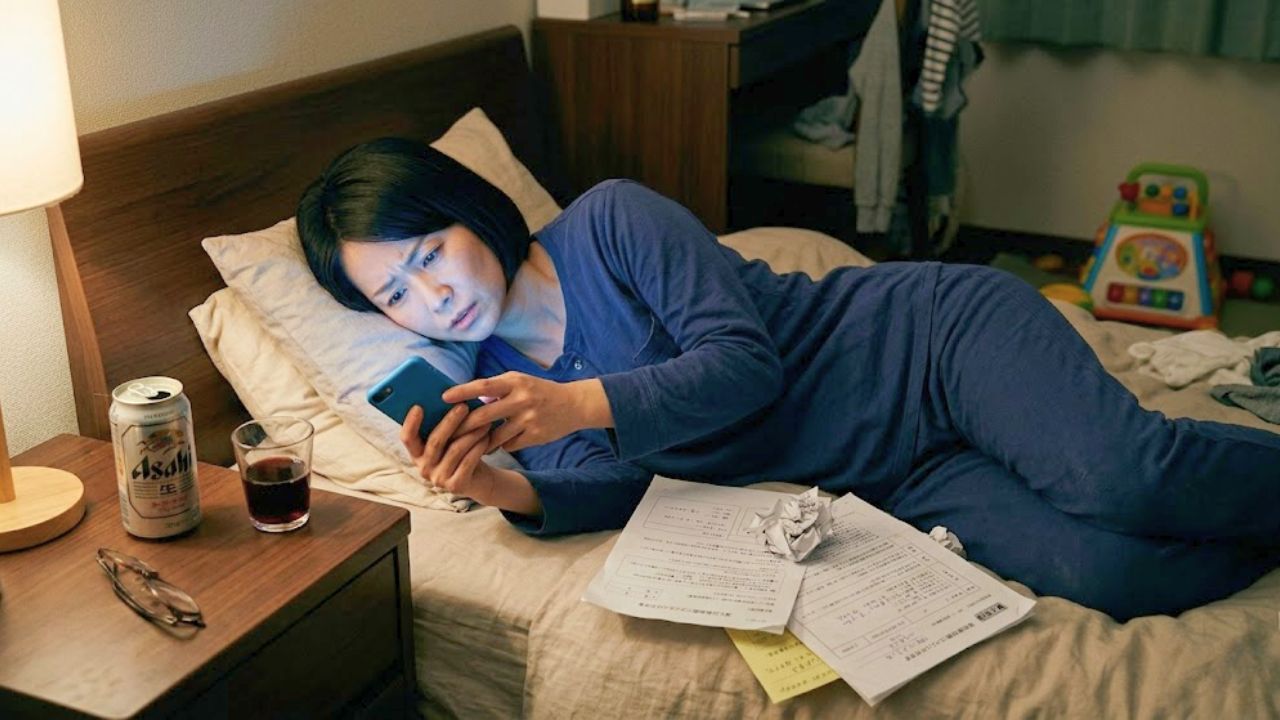 夜遅い、薄暗い寝室。ベッドで横になり、暗闇の中でスマホの明るいブルーライトを浴びながら画面を見つめるシングルマザー