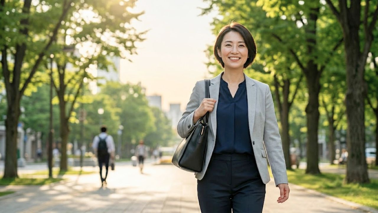 朝、緑豊かな街路樹の間を、爽やかな笑顔で、眠気に負けず生き生きと歩いて通勤するシングルマザー