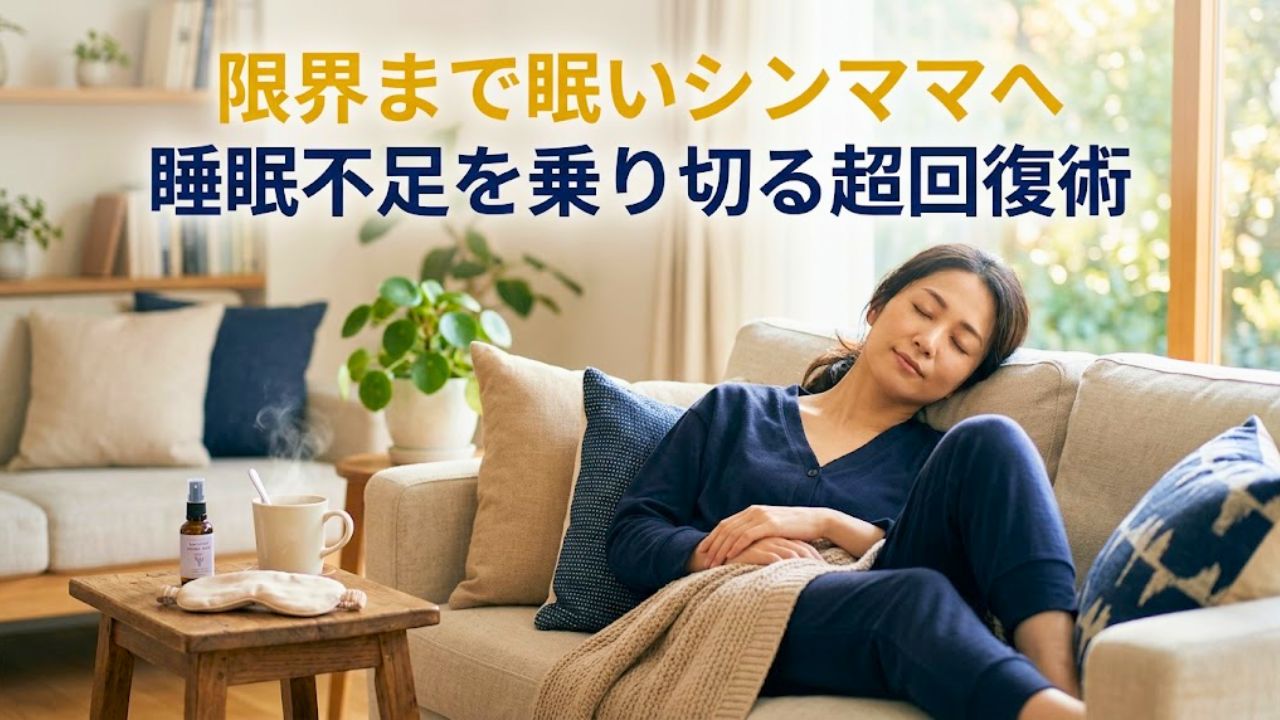 「限界まで眠いシンママへ 睡眠不足を乗り切る超回復術」というキャッチコピーが大きくデザインされたアイキャッチ画像。