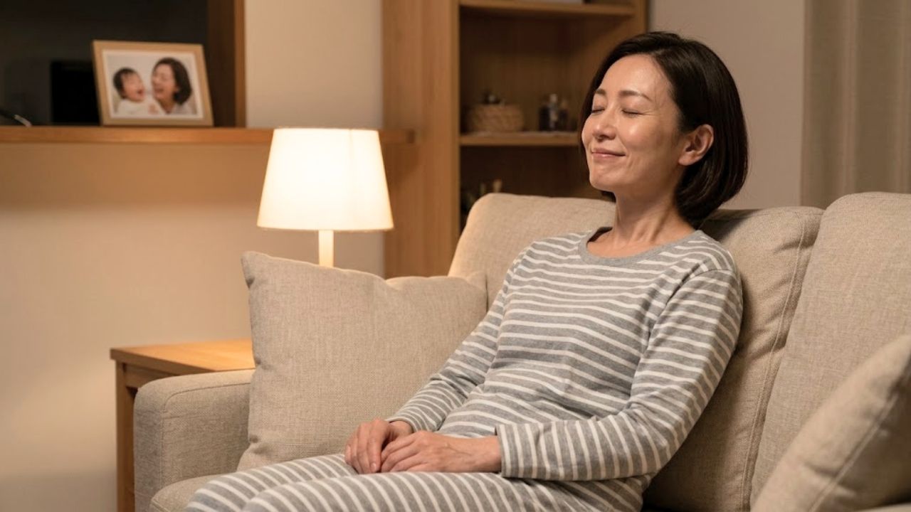 夜の静かで整頓されたリビングルームで、一人でソファに深く座り、穏やかに目を閉じてホッと安堵の表情を浮かべるシングルマザー。首や肩の力が抜け、リラックスした様子で、手には何も持たず、ただただ任務を完了した達成感と、自分だけの自由な時間を楽しむ穏やかな喜びを噛み締めている。長年の重圧から解放された、心からホッとした瞬間を捉えた写実的な写真。