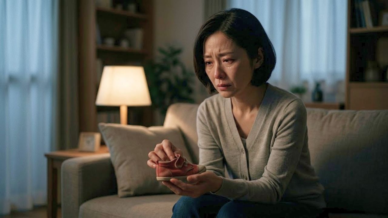 夜の薄暗いリビングルームで、ソファに一人座り、子どもが小さかった頃の擦り切れた小さな靴を寂しげに見つめるシングルマザー(40代前半、image_32.pngの雰囲気)。深く考え込み、自分を責めるような表情で、過去の思い出と現在の嬉しい感情との葛藤による孤独感と罪悪感を表現している。