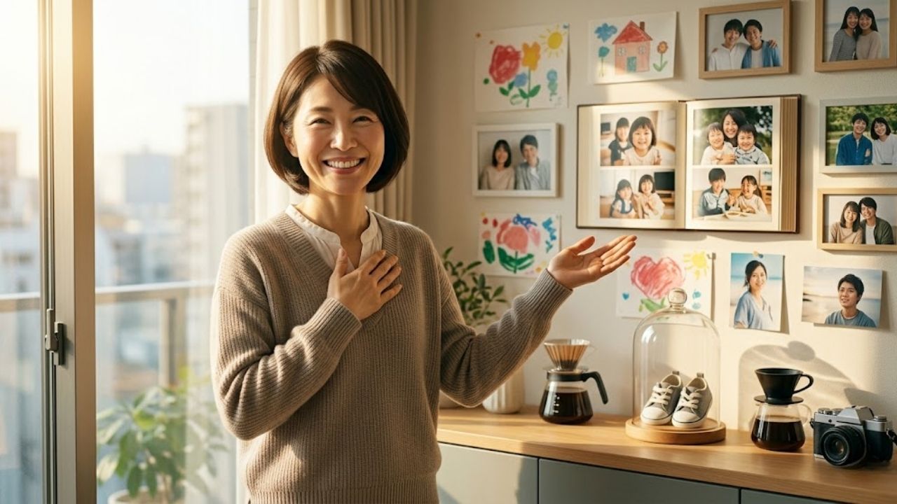 朝、明るい日差しが差し込む整理されたリビングルームで、これまでのアルバムや小さな靴が美しく飾られた棚を見つめ、心からの晴れやかな笑顔を浮かべるシングルマザー。片手を誇らしげに胸に当て、すべての任務をやり遂げた達成感と、罪悪感なく自分の人生を楽しむ希望に満ちた表情。