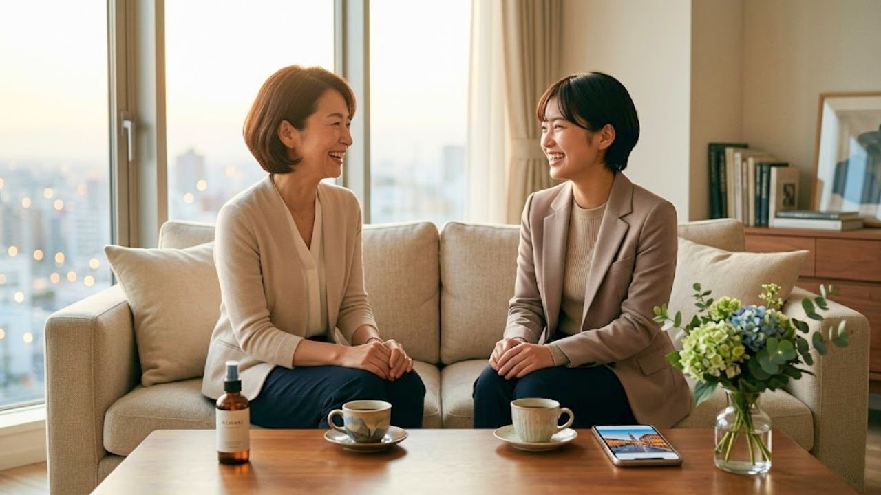 夕暮れ時、明るいリビングルームで、巣立った娘と向き合い、楽しそうに笑い合うシングルマザー。テーブルにはコーヒーとアロマ。かつての思い出は棚に美しく飾られ、二人は友達のように対等で、お互いをリスペクトし合う心地よい大人同士の新しい関係を楽しんでいる。精神的な余裕と希望に満ちた写実的な写真。