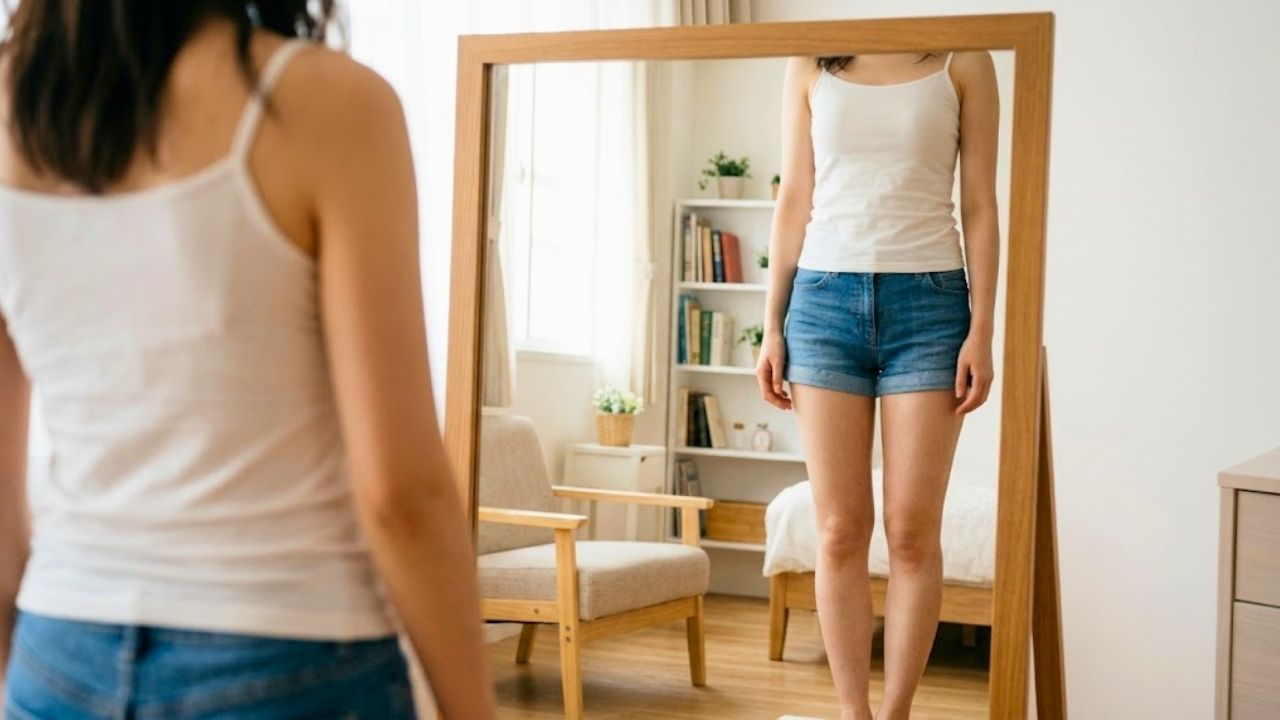 キャミソールとホットパンツ姿で鏡の前に立ち、客観的に自分のシルエットを見つめている女性のイメージ