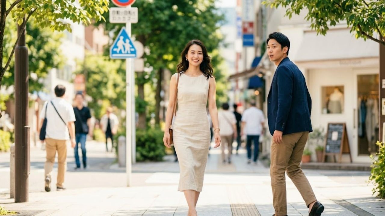 街角ですれ違う魅力的な女性の全身のシルエットに、一瞬で無意識に目を奪われる男性のイメージ