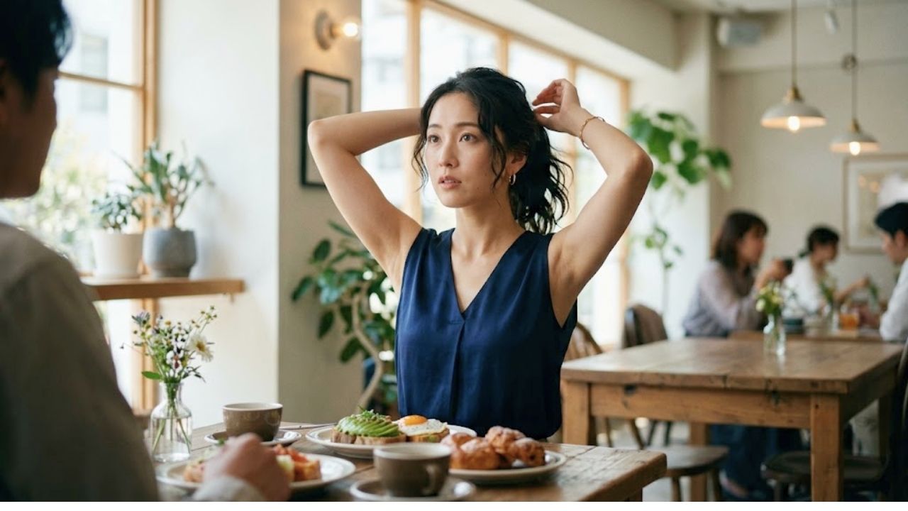 Vネックの服を着て髪を束ねる仕草で、首筋や手首などの女性らしいパーツを上品にアピールする女性のイメージ