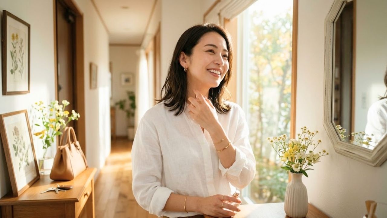 お出かけ前に袖をまくるなどの小さな工夫を実践し、ワクワクした笑顔で今日からの恋活に踏み出す女性のイメージ