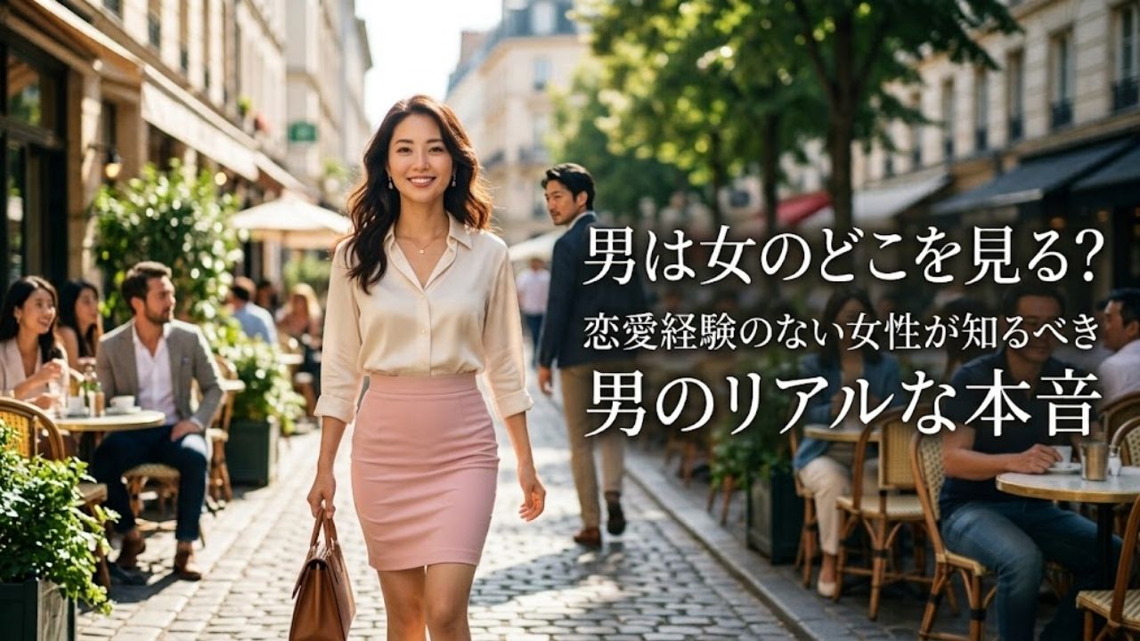男は女のどこを見る？恋愛経験のない女性が知るべき男のリアルな本音、というタイトルテキストと、魅力的な女性、その姿に思わず目を奪われる男性がデザインされたアイキャッチ画像