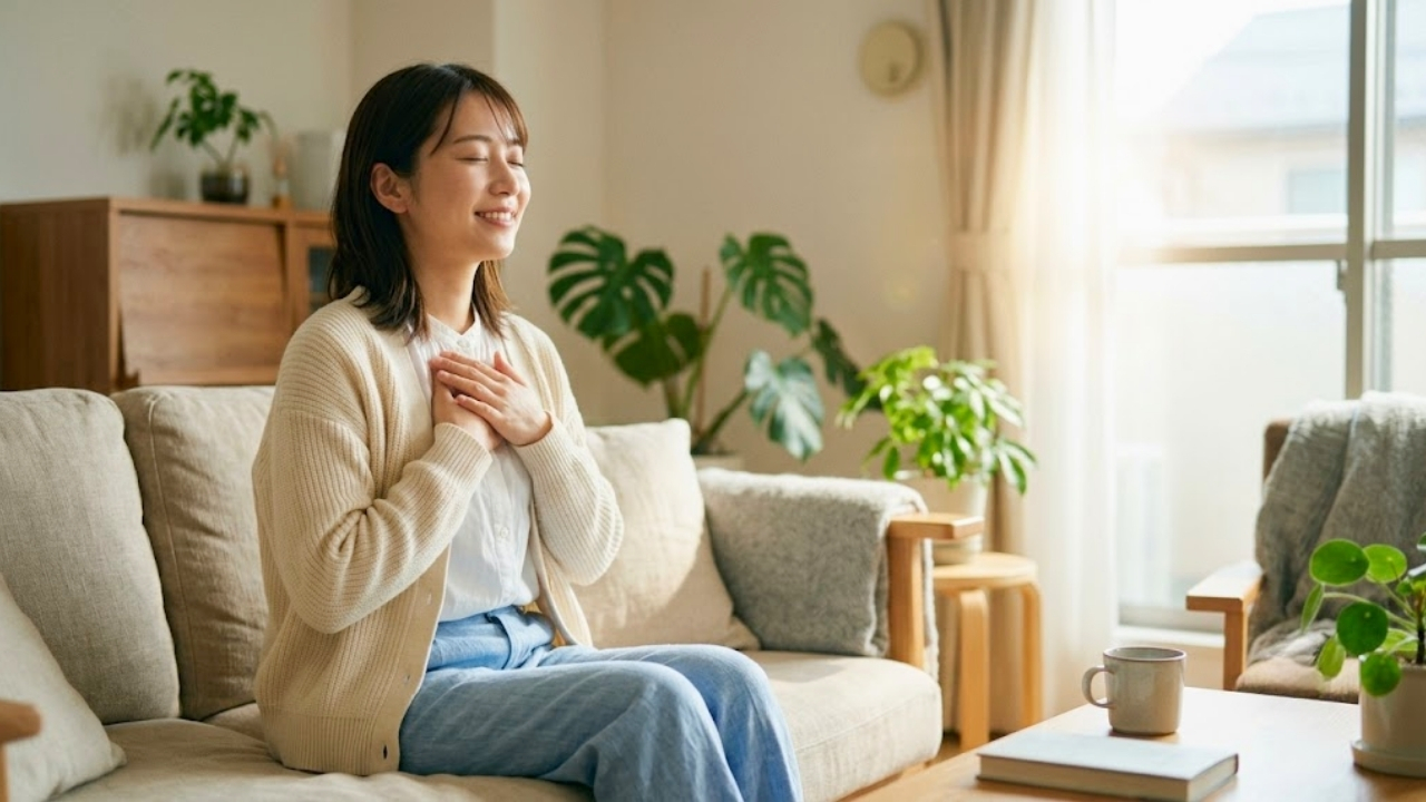 「自分が話さなきゃ」というプレッシャーを手放し、一人で胸に手を当ててホッと深呼吸してリラックスしている女性のイメージ