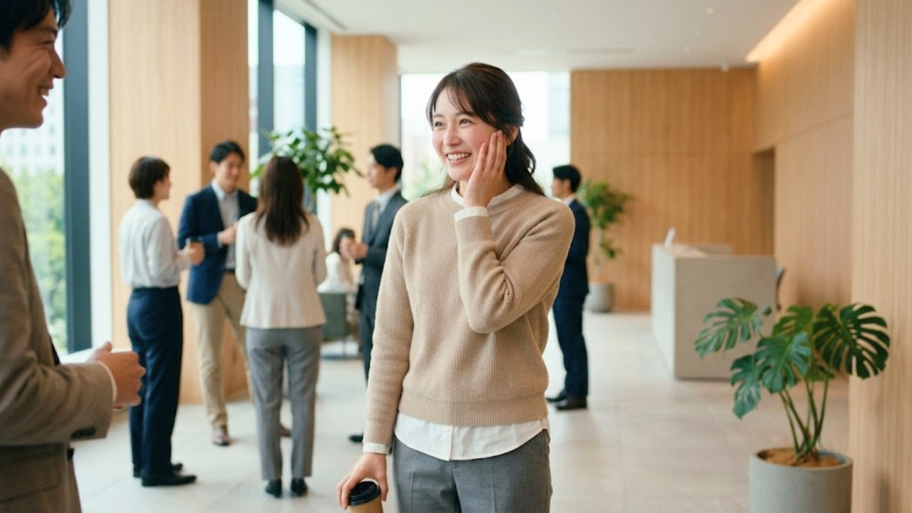 会話に詰まって頭が真っ白になり、「緊張しています」と照れ笑いを浮かべて素直に伝えている女性のイメージ