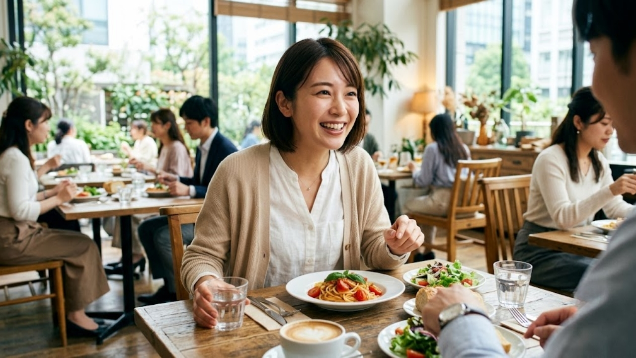 相手の持ち物を褒めるなど「鉄板の話題」を活用し、身を乗り出して目を輝かせながら楽しく会話をしている女性のイメージ