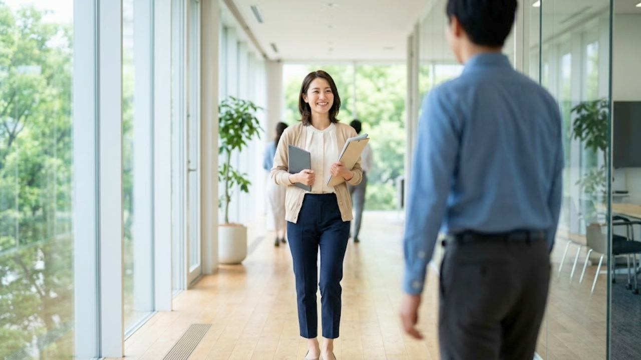職場で「ビジネスモード」に切り替え、すれ違う男性社員に緊張せず爽やかな笑顔で挨拶をしている女性のイメージ