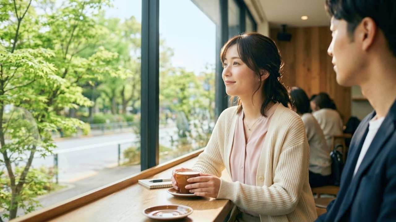 会話が途切れた時間を気まずく思わず、リラックスして隣の男性と同じ景色や心地よい空間を楽しんでいる女性のイメージ