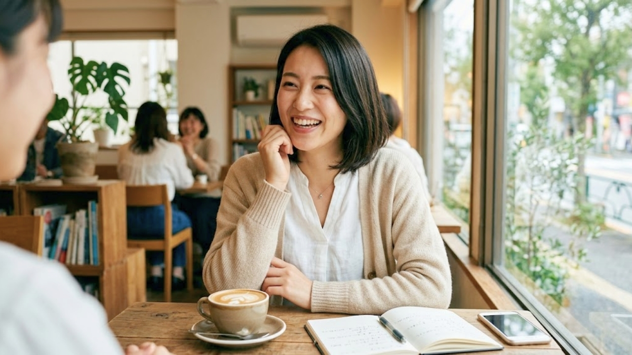 上手に話すプレッシャーを手放し、自然体の笑顔で相槌を打ちながら「聞き上手」として会話を楽しんでいる女性のイメージ