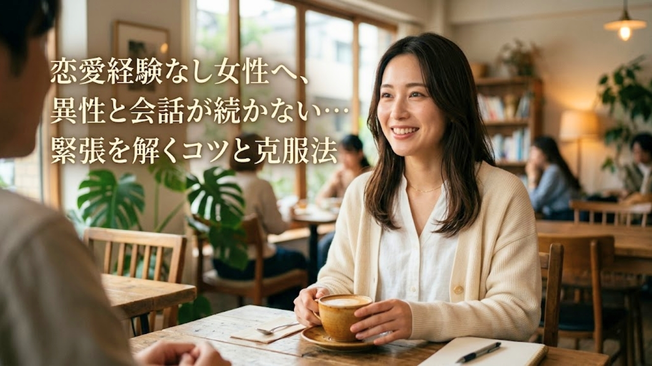 恋愛経験なし女性へ、異性と会話が続かない…緊張を解くコツと克服法、というタイトルテキストと、カフェで少し緊張しながらも笑顔で会話を楽しもうとしている女性のアイキャッチ画像