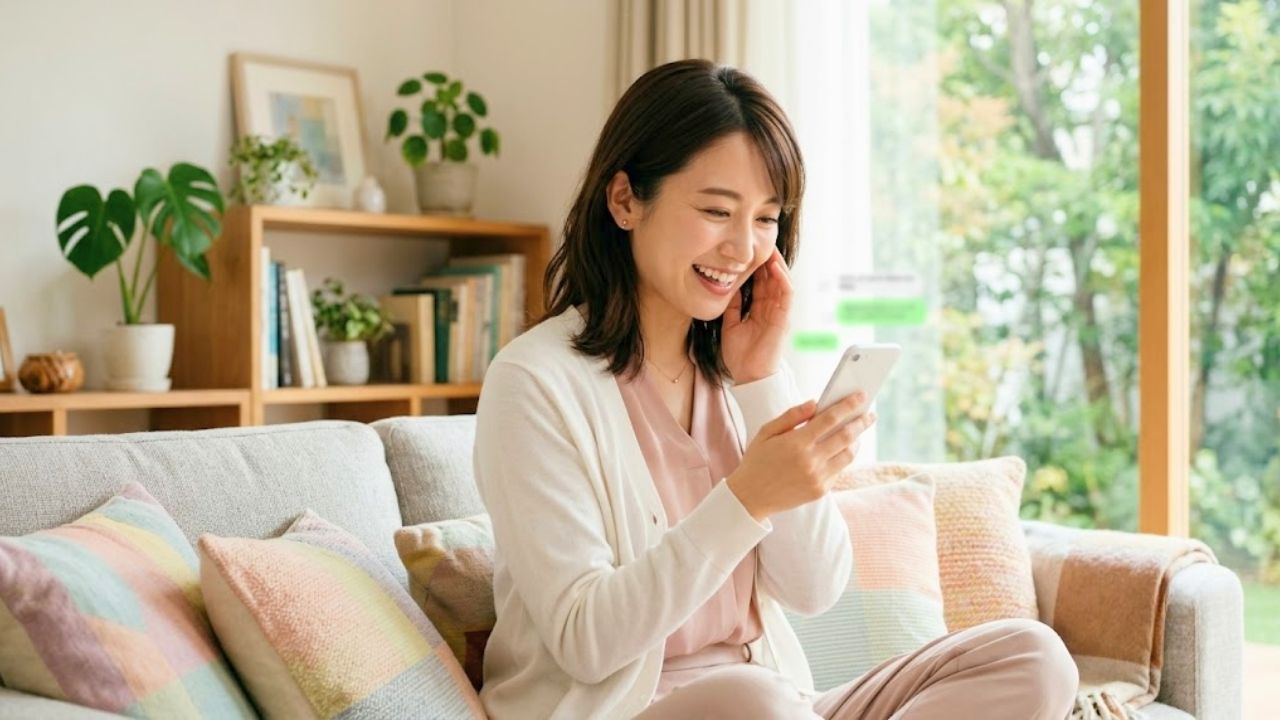 スマホを見つめながら、彼からの好意のサインに気づいて嬉しそうに微笑んでいる女性のイメージ