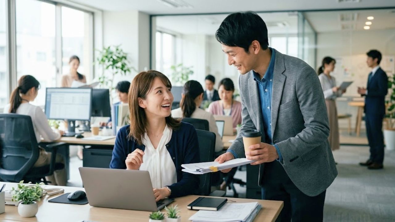 オフィスのデスクで、男性の同僚からさりげない手助けや気遣いを受けて嬉しそうに微笑む女性のイメージ