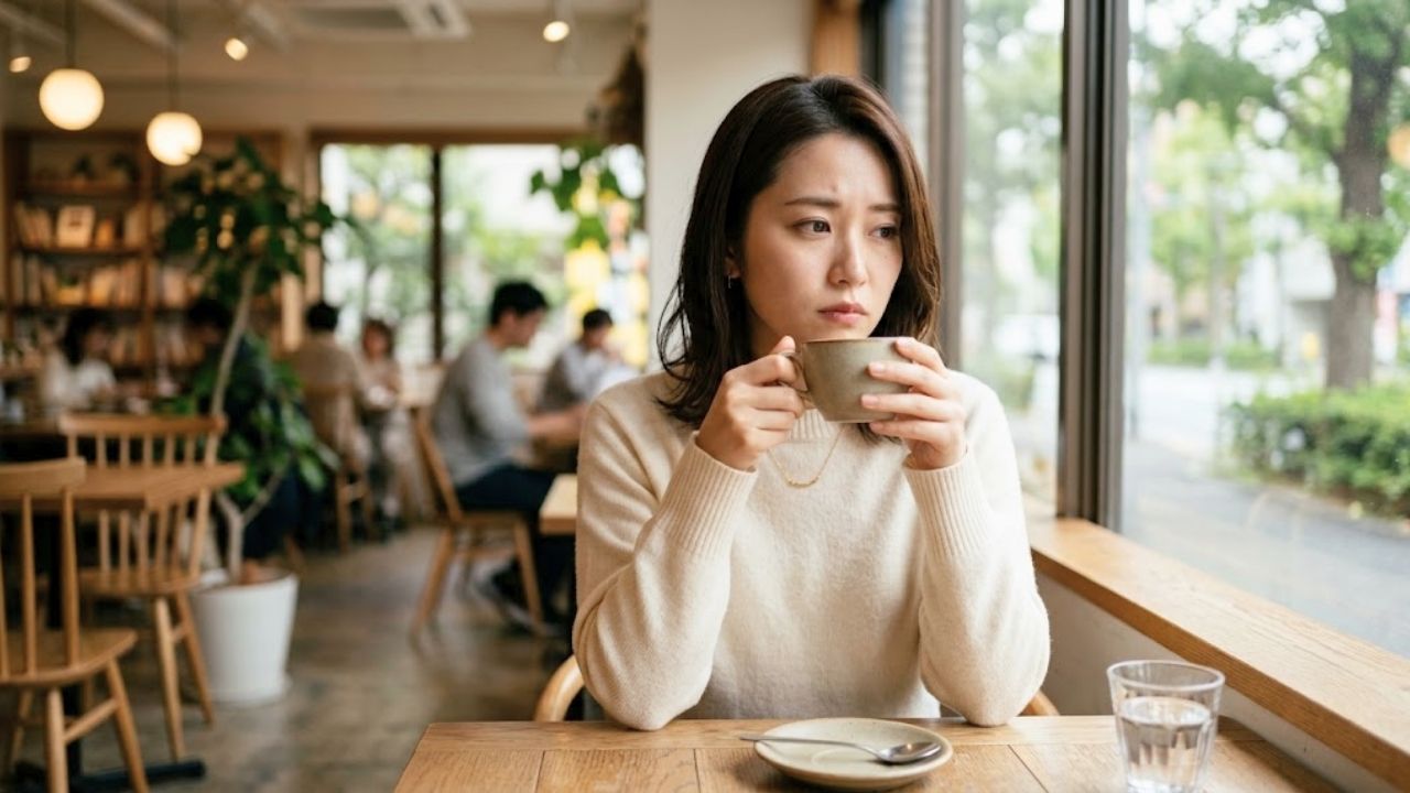 男性のフレンドリーな言動が好意なのかただの優しさなのか分からず、少し戸惑ったように考え込んでいる女性のイメージ