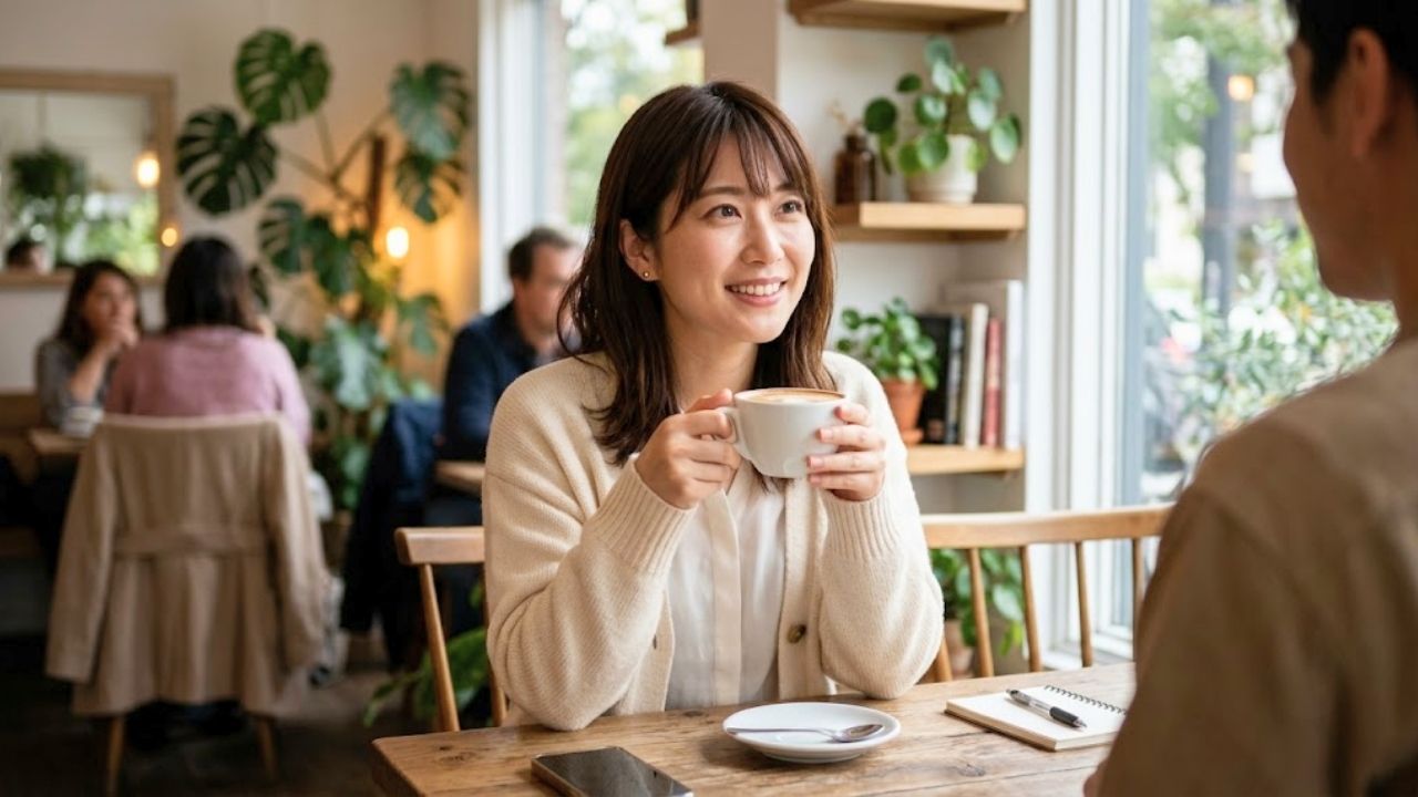 相手の気持ちを確かめるために、少しイタズラっぽい控えめな笑顔でさりげなく話しかけ、反応を探っている女性のイメージ