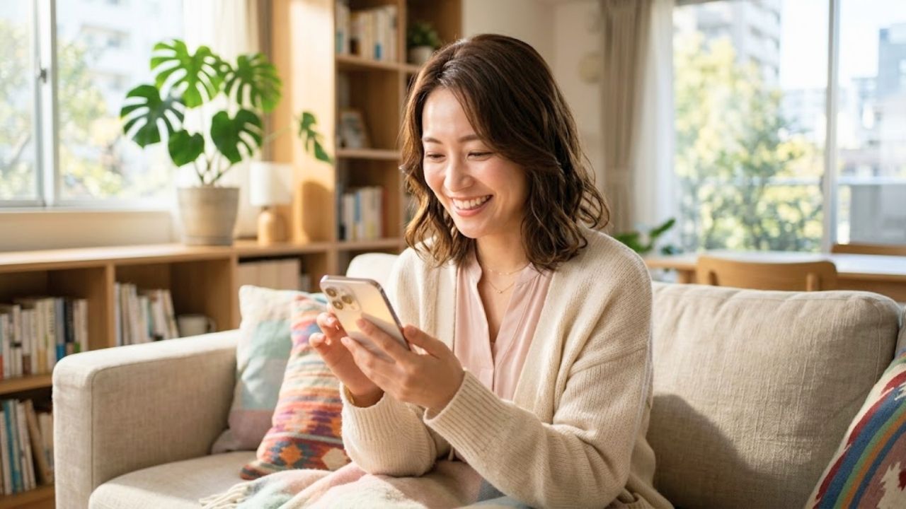 サインを見違える不安を乗り越え、笑顔でスマホを見つめながらマッチングアプリで新しい恋の一歩を踏み出した女性のイメージ