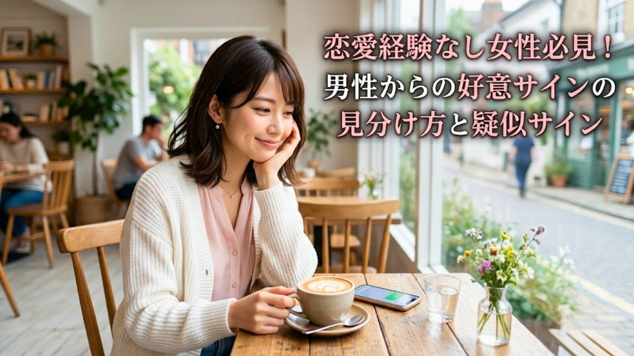 恋愛経験なし女性必見！男性からの好意サインの見分け方と疑似サイン、というタイトルテキストと、カフェで彼からのサインについて少し嬉しそうに考え込んでいる女性のアイキャッチ画像