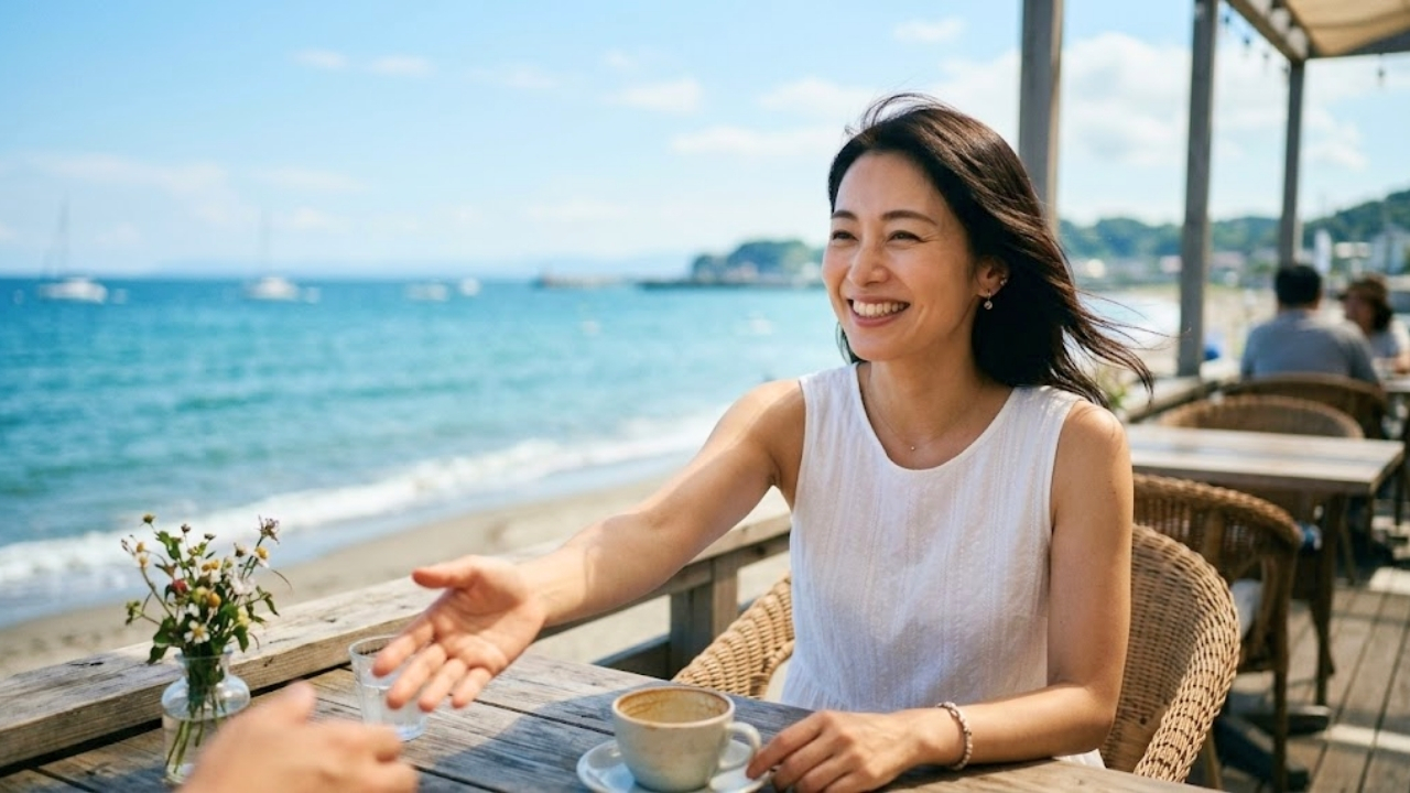 海辺のカフェのオープンテラスで男性と再会する女性