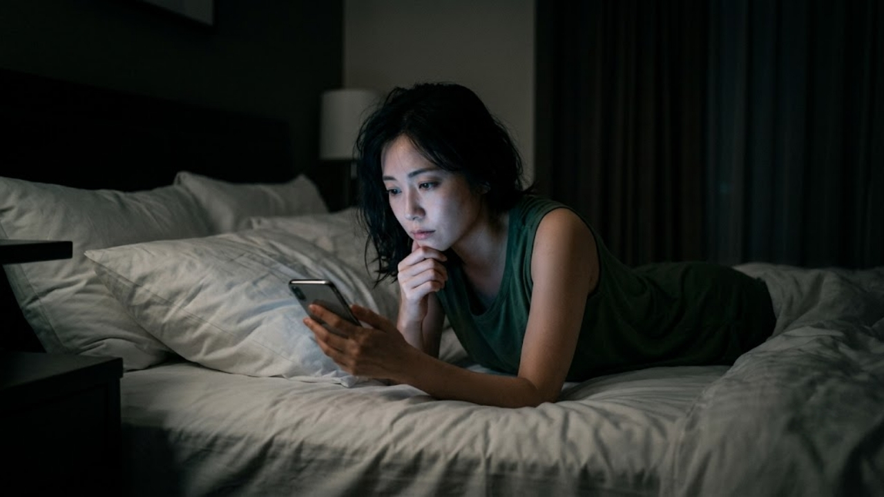 深夜、マッチングアプリでやり取りをするシングルマザー